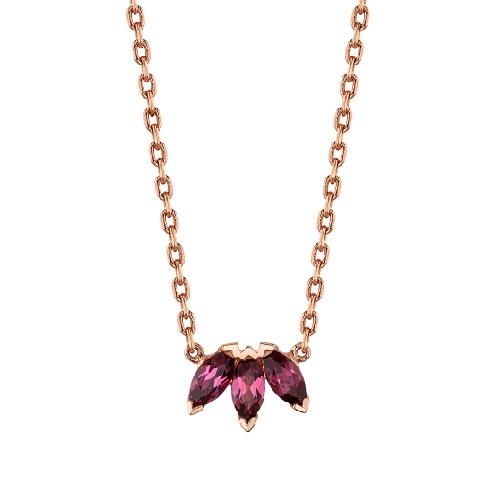 Custom Necklace - UPSIDE DOWN Triple Marquise Fan - (3) 5x2.5mm Gems - 16in Length of 1.5mm Diamond Cut Cable Chain Attached to Sides of Outermost Settings - Lobster Clasp Closure - 6x2mm BVLA Logo Tag Attached to Clasp