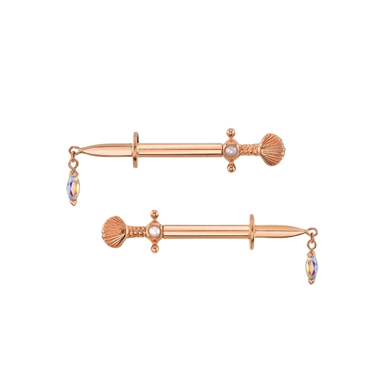 Threaded End - Siren's Kiss - Scallop Shell Hilt with 1.25mm Bezel - 3x1.5mm Marquise Prong Dangle at Tip of Dagger by (3) Links of Cable Chain