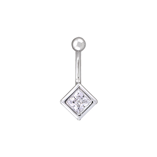Curved Barbell with Threaded 4mm Princess Bezel Top and Fixed Closed Back 6mm Princess Bezel Bottom - Both Bezels on Axis
