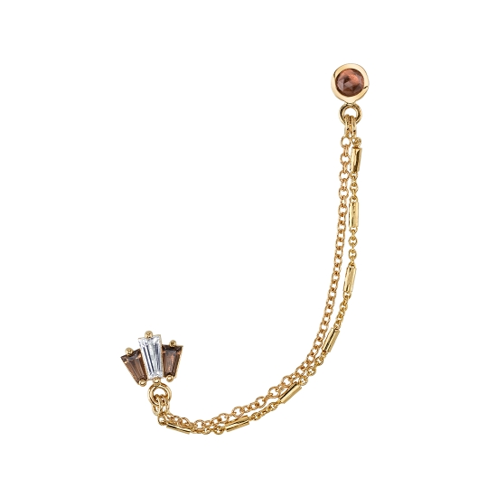 000120 Threaded Oceane 3 Tapered Baguette Fan and 25GA Pin 3mm Round Cup - (2) Lengths of Chain Attached to Bottom of Oceane 3 and Cup by Jump Rings - First Chain 1 1/2in 1mm Cable, Second Chain 1 5/8in Ophelia - CHAINS ATTACHED AFTER SETTING