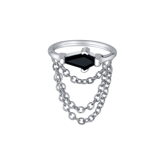Not Dead Yet - Fixed 4.5x2.5mm HORIZONTAL Coffin Prong Ring - 3x 1mm Graduating Cable Chains Attached - Coffin Top On The LEFT - SEAM PLACED OUTSIDE OF CHAINS