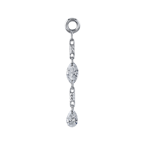 Elea Charm - 5/8in Total Length - Jump Ring Fixed to 1 Link of Miranda Chain, 4x2mm Drilled Marquise Gem, 1 Link of Miranda Chain, and 3x2mm Drilled Pear Gem - All Connected by Single Jump Rings - To Fit Navel Facing Ring