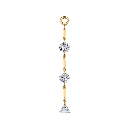 Varuna Charm - Jump Ring Attached to 4mm Ophelia Cylinder Link with (2) 3mm Drilled Round Gems and (1) 3mm Trillion with Ophelia 4mm Cylinder in Between - To Fit Navel Facing Ring - 1in Total Length