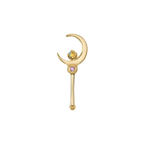 Charm with Moon Crystal - MODIFIED Hey Sailor - Magic Wand - LEFT FACING - 15mm - 5mm Crescent Moon Shape Top with 0.8mm Gem Set in Ornamental Detail on Handle - 1.5mm Prong Inside Crescent - 3x Jump Rings Attached at Top of Moon to Fit Navel Facing Ring