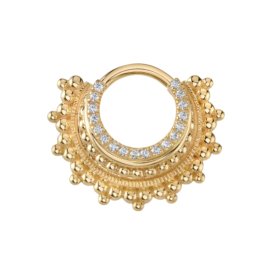Selene - Hinge Ring with Graduating Layers - From Front to Back: Row of 1mm Prongs, 18GA Ring, Row of Tiny Beads, Afghan Plate - 16GA Hinge