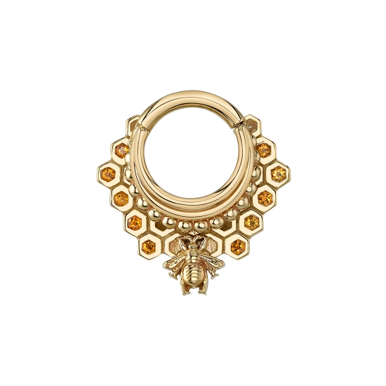 Queen Bee - Hinge Ring with 2x 18GA Rings and Row of Tiny Beads on Top of Honeycomb - Tiny Bumblebee in Center of Honeycomb - 10x 1.25mm Gems