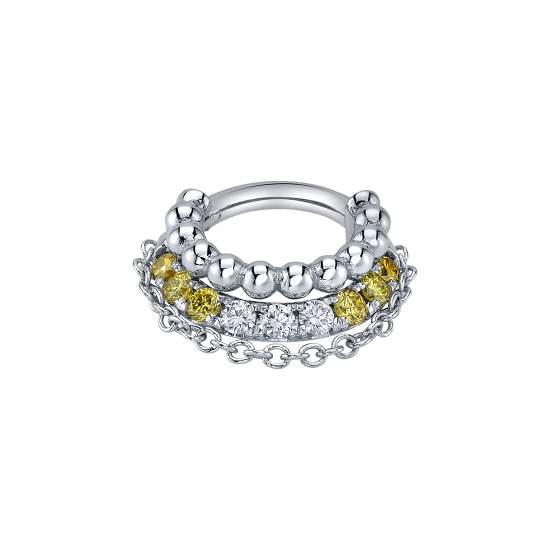 Nikita Hinge Ring with Gems - 1x Row of 1.5mm Beads and 1x Row of Forward Facing 1.5mm Prongs with 1mm Cable Chain Hanging Slightly Below as Last Ring - 16GA Curved Hinge - Gradient Gems: Dark Outer to Light Center