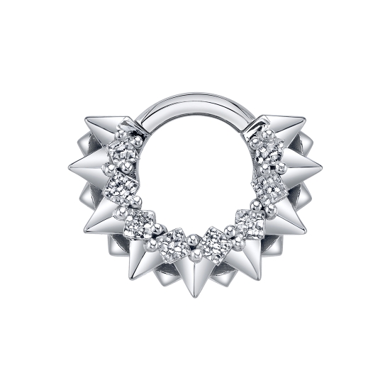 Hinge Ring - Merlin - 8x Forward Facing 2mm Princess Prongs Set with Hammered Flat Squares and 8x Downward Facing REVERSE Set 2.5mm Gold Spikes with Pointed Accents - 16GA Curved Hinge Closure