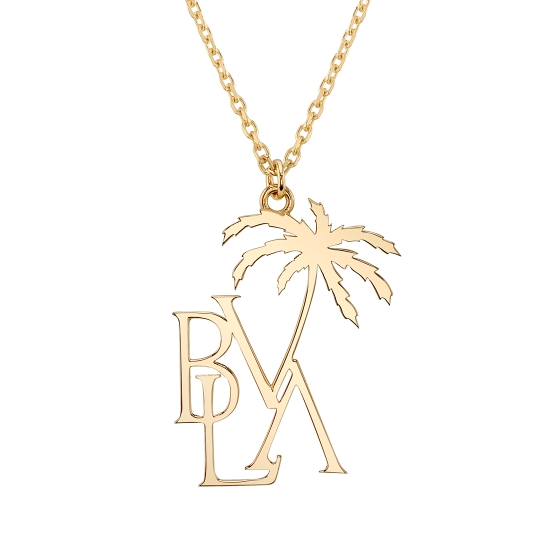 Necklace - BVLA Palm Tree Monogram - 25mm Pendant Fixed to Center of Chain by Jump Ring Bail - 19in 1.4mm Diamond Cut Cable Chain with Lobster Closure - 6x2mm BVLA Logo Tag Attached to Clasp