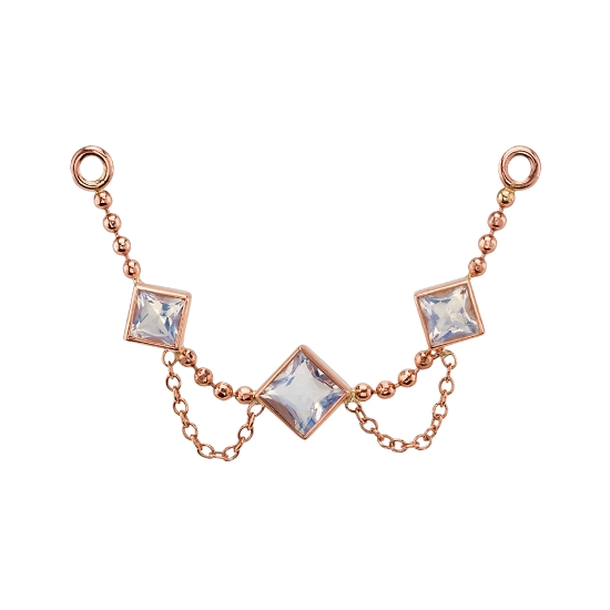Zephyr Chain Attachment - Single Length of 1mm Diamond Cut Bead Chain with Jump Rings at Each End - with Graduated Forward Facing Open Back Princess Bezels - 2.5mm, 3mm, 2.5mm - 2x Single Lengths of 0.8mm Cable Chain Slightly Hanging Connected Between Bezels - 32mm LENGTH - 16GA Jump Rings