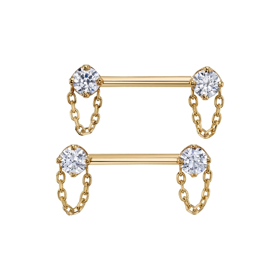 Straight Barbell with Forward Facing 4mm Rianna - Round Four Prong Setting with Length of 1.4mm DIAMOND CUT Cable Chain Attached on Each Side - One Side Fixed/One Side Threaded