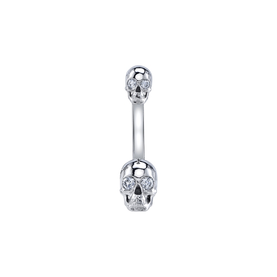 Doja Skull - Curved Barbell with Back Threaded 5mm Skull Bead Top and Fixed Forward Facing 7mm Skull Bead Bottom - (2) 1.25mm and (2) 1.75mm Gems in Eyes
