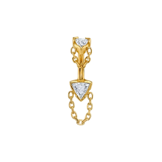 Curved Barbell - Rianna Trillion - Top: Back Threaded 3mm Trillion Half Bezel Point Down With 9 Links Of 1.5mm Diamond Cut Cable Chain, Bottom: Side Fixed Closed Back 4mm Trillion Half Bezel Point Down With13 Links Of 1.5mm Diamond Cut Cable Chain