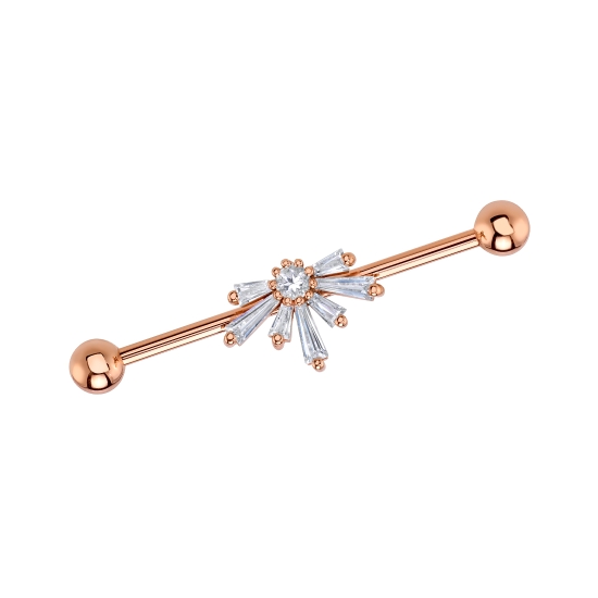 Industrial Barbell with Fixed 14mm Half Supernova in Center - 3/16in Threaded Beads - Baguettes Pointed Downwards, Perpendicular From Barbell