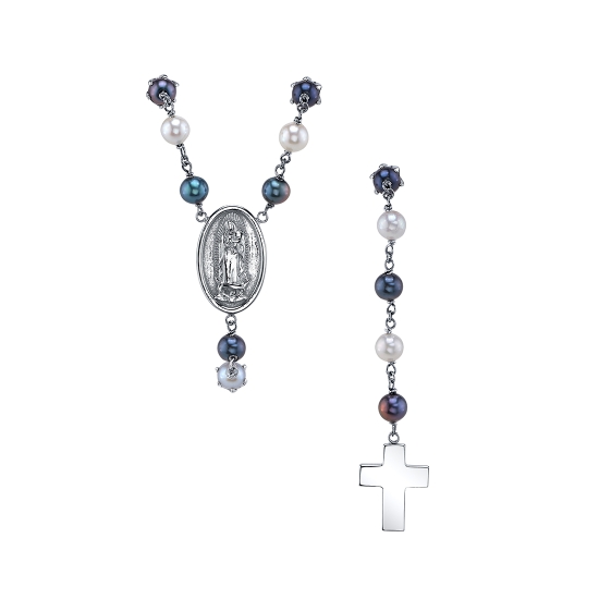 Two Piece Industrial Set - Rosary with Lady of Guadalupe Center and Cross Charm 1st Piece: 20mm From Each Bead Prong to Center of Lady of Guadalupe - (3) 3mm Bead Prongs - (5) 3mm Black and (3) 3mm White Pearls with 12x8mm Oval Lady of Guadalupe Center 2nd Piece: 40mm Total Length - (1) 3mm Bead Prong at Top, Alternating (3) 3mm Black and (2) 3mm White Pearls and 10mm Cross At Bottom