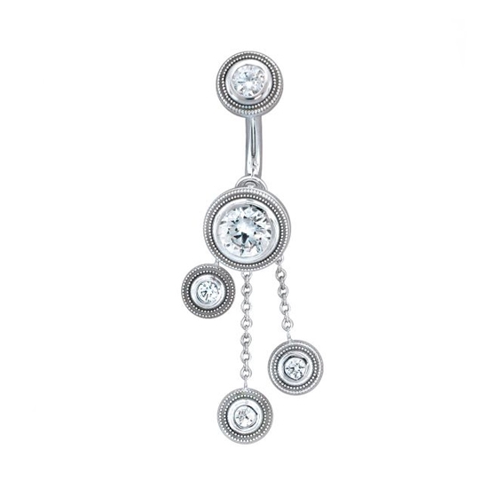 Regular Curved Barbell - Valencia - Threaded 7.25mm Millgrain Bezel Top and Fixed Open Back 9.25mm Millgrain Bezel Bottom - 4 and 6mm Gems - Removable Charm with 3 Different Lengths of Platinum Chain