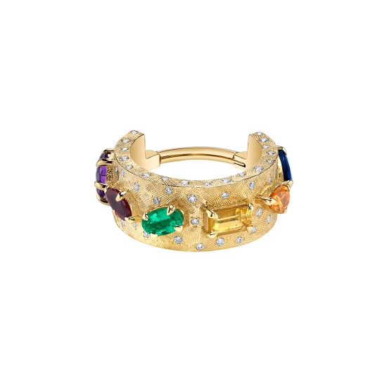 The Inevitable Cuff - 8mm Wide and 2mm Thick - Various Prong Shapes Evenly Spaced Around Navel-Facing Outer Diameter - Florentine Texture All Over - Sprinkling of 0.8mm and 1mm Round Gems Flush Set on Edges and Flat Spaces Between Prongs - 14GA Curved Hinge