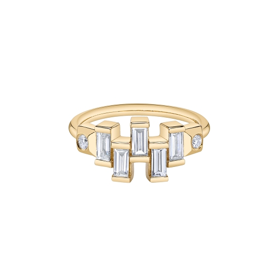 Gopal Ring - Fixed Ring with Staggered Baguette Channels and Round Acents on Each Side - (5) 3x1.5mm Straight Baguettes with 1.5mm Round Accents
