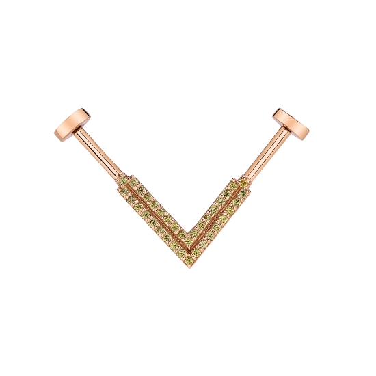 V-Shaped Industrial Barbell - Nairobi Dual - 2 Rows of 1mm Round Prongs as Part of Barbell - Left Side 19mm and Right Side 18mm Total Length - 1/4in Wearing Surface on Each Side - 21mm Between Wearing Surfaces - 4mm Micro Pave Disc Ends with 1.25mm Gems