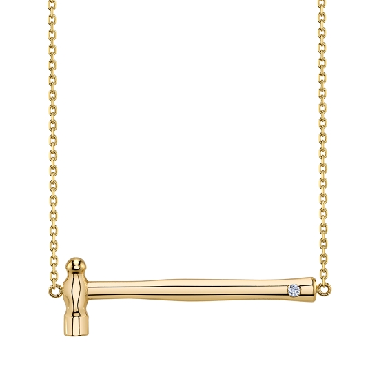 Custom Necklace - 40mm Industrial Hammer Logo with 2mm Flush Set Gem in Handle of Hammer - Jump Ring at Each End of Horizontal Hammer - Part of Necklace - 14in Length of 2mm Cuban Chain - Lobster Clasp Closure - 6x2mm BVLA Logo Tag Attached to Clasp