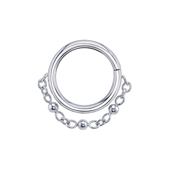 Rhys - Seam Ring with Single Beaded Cable Chain Below Ring - 1mm Cable Chain with 3x Evenly Spaced 1.25mm Beads in Center - Approximately 2mm Drop - NIPPLE ORIENTATION - SEAM PLACED OUTSIDE OF CHAIN