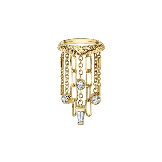 Hinge Ring - Defy Gravity - Tapered Shield with HAMMERED FINISH - Graduating Multi Chain Fringe Attached Along Bottom Edge of Ring - Chains From Outside to Center: 10mm Length of Ophelia Chain, 12mm Length of 1mm Cable Chain with 2mm Open Back Round Bezel Fixed to Bottom (Length Includes Bezel), 14mm Length of Capulet Chain, 16mm Length of 1mm Cable Chain with 2mm Open Back Round Bezel Fixed at 8mm and 3x2x1mm Tapered Baguette Bar Fixed to Bottom with Wide End Up (Length Includes Gem Settings) - 16GA Hinge Closure