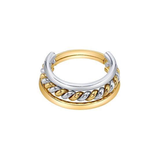 TWO TONE Mars Hinge Ring - 3x Stacked Graduating Rings - First Ring: 18GA WHITE GOLD - Second Ring: Handmade with 20GA Yellow and 20GA White Gold Braided Wire - Last Ring: 18GA YELLOW GOLD - 16GA Hinge Closure