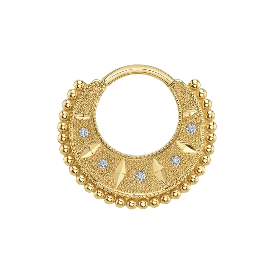 Zeus - Pavé Gem Shield with Single Row of Accent Beads - 5x 1.25mm Gems with Hand Engraved Long Pointed Diamond Shapes Between - 16GA Hinge Closure