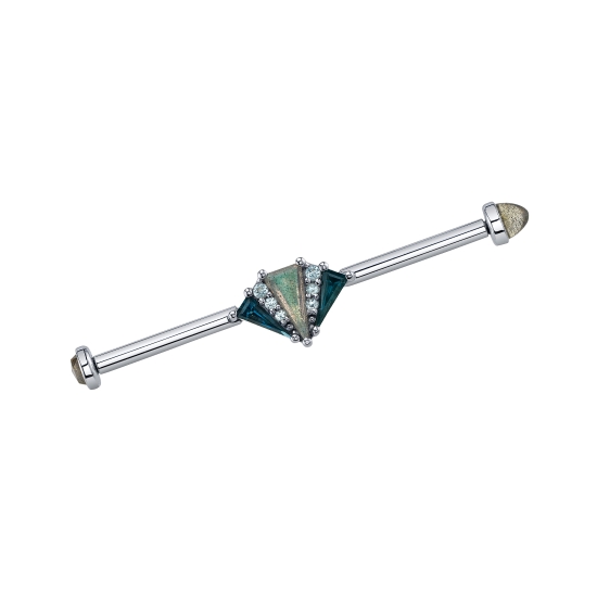 Threaded End - Cerberus - 11x7mm - 6x3mm Pennant Prong Center with (2) Strips of Graduating Round Gems - (1) 1.25mm, (2) 1mm - and (2) 5x2mm Pennant Gems