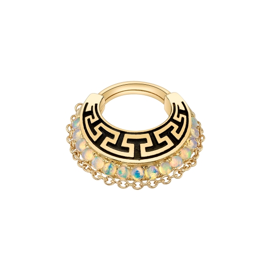 Scarleth Hinge Ring - Aztec Dawn Shield with Row of Forward Facing 1.5mm CABOCHON Prongs and 1mm Cable Chain Hanging Slightly Below - SANDBLASTED AND ANTIQUED RELIEF ON SHIELD - 14GA Hinge