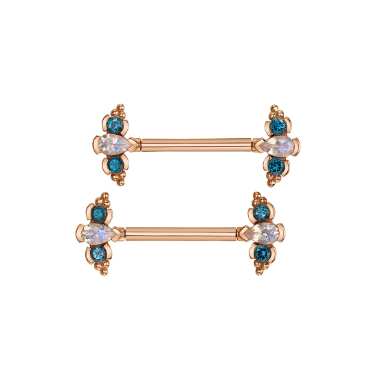 Straight Barbell with Forward Facing 3 Gem Mini Nikki Panaraya - 4x2.5mm Pear Prong Center with 2x 2mm Half Bezels and Tri Bead Accents - One Side Threaded/One Side Fixed