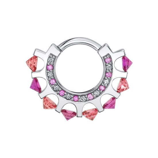 Lia - REVERSE Cirrus - Hinged Septum Ring with Forward Facing Row of 16x 1mm Prongs and REVERSE SET Downward Row of 8x 3mm Channel Set Gems - 16GA Hinge Closure - REVERSE SET DOWNWARD GEMS
