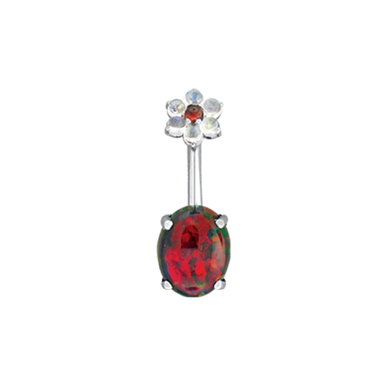 Curved Barbell - Moon Flower - Threaded 7mm Cabochon Flower 2 Top and Fixed 8x6mm Oval Cab Prong Bottom