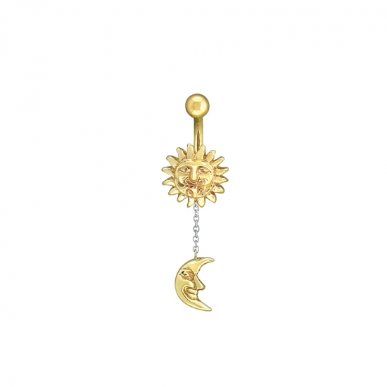 Curved Barbell - MODIFIED New Age - No Faces - Threaded 5/32in Bead Top and 11mm Sun and 8mm WHITE GOLD Moon Dangle Attached to Sun by Chain on Bottom