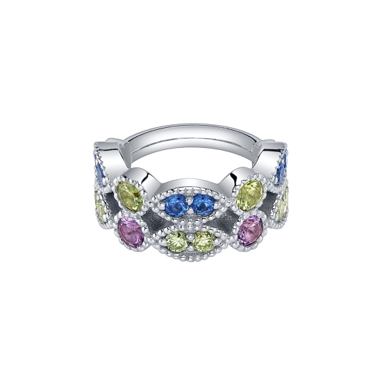 Prana Dual - Hinge Ring with 2 Rows of Alternating Marquise Harlequin and Round Shapes - Design Measures 4.5mm Tall - 8x 1.75mm Gems in Rounds, 12x 1.25mm Gems in Harlequins