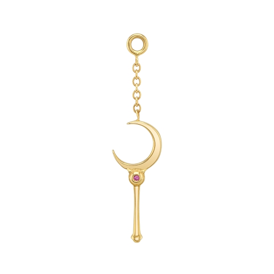 Charm with Hey Sailor - Magic Wand - LEFT FACING - 15mm - 5mm Crescent Moon Shape Top with 0.8mm Gem Set in Ornamental Detail on Handle - 3x Jump Rings Attached at Top of Moon to Fit Navel Facing Ring
