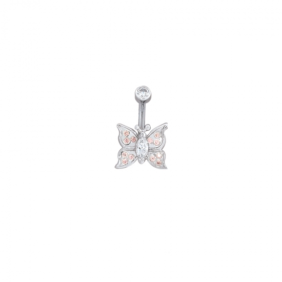 Curved Barbell with Schane's Butterfly - Threaded 5/32in Bead Top and Fixed 11mm Butterfly Bottom - 6x3mm Marquise Prong with 12x 1mm Pavé Gems in Wings