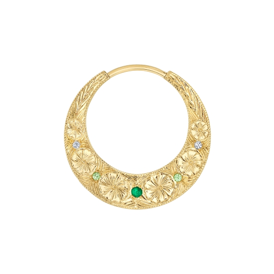Primrose - Hinge Ring with 3.5mm Delicate Crescent, Pave 5x 1.25mm Gems and 2x Small and 2x Large Hand Engraved Flowers in Between