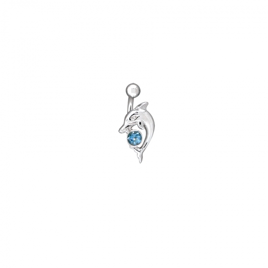 Curved Barbell with Playful Dolphin - Threaded 5/32in Bead Top and Fixed Dolphin with 4mm Bezel Bottom