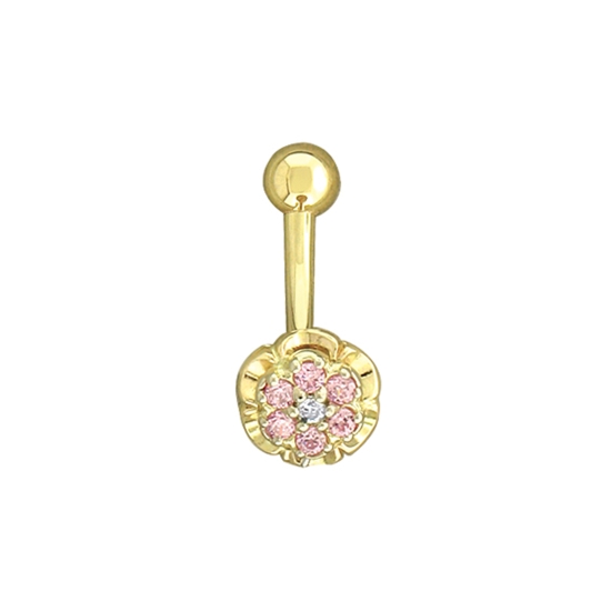 Curved Barbell with Threaded 3mm Bezel Top and Fixed 8mm Scalloped Flower 4 Bottom