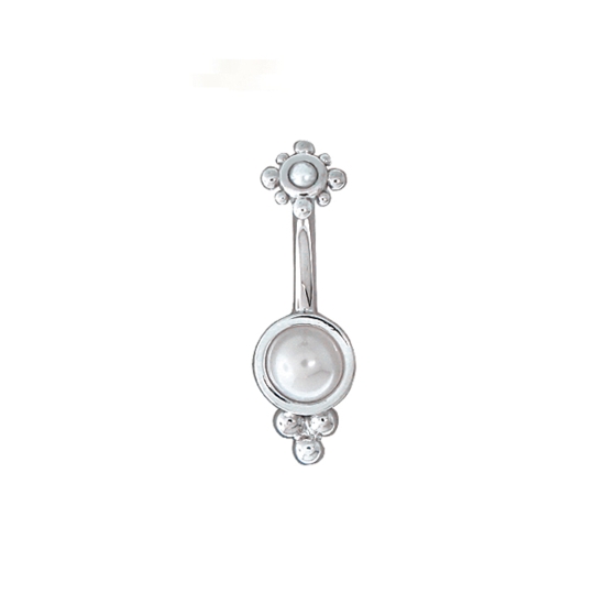 Curved Barbell - Icy Lily - Threaded 2mm Bezel with 8 Beads Surrounding Top and Fixed Open Back 5mm Round Bezel with 2mm Tri Bead Accent Bottom
