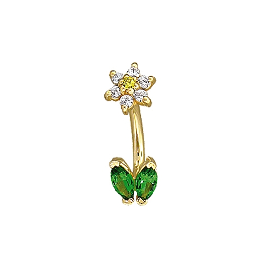 J-Curved Barbell - Daisy - Threaded 5mm Flower 2 Top and Fixed Double 3x1.5mm Marquise V Prong Stem