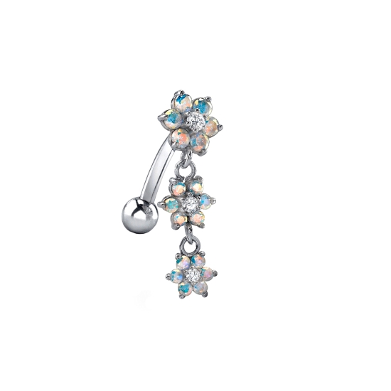 Curved Barbell with Fixed Graduating Flower 2 Top Dangle and Threaded 5/32in Bead Bottom. From Top: 7mm, 6mm, 5mm