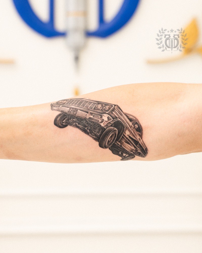 Character realism tattoo — pop-culture subject rendered at portrait fidelity
