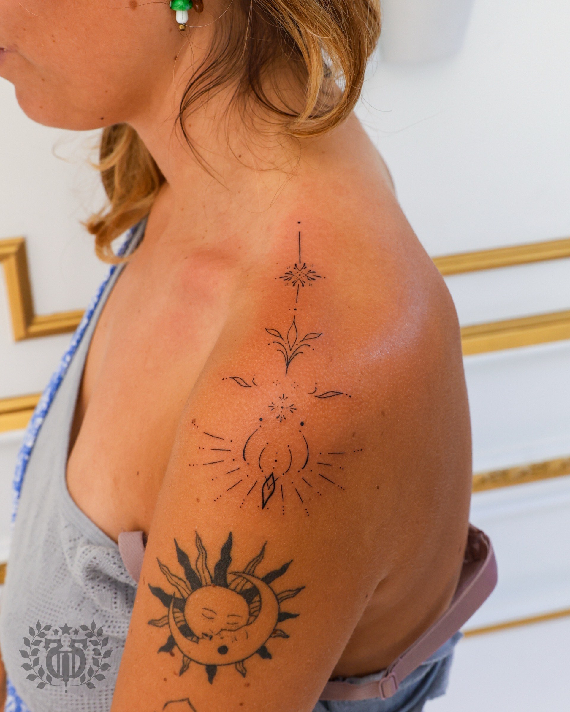 Celestial ornamental shoulder tattoo by fine line tattoo artist in Los Angeles