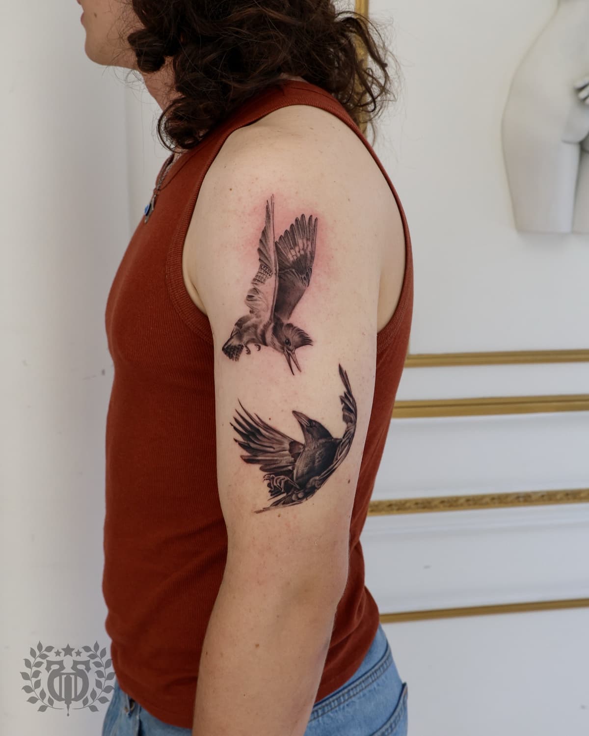 Black and grey realistic two sparrows in flight realism tattoo in Los Angeles