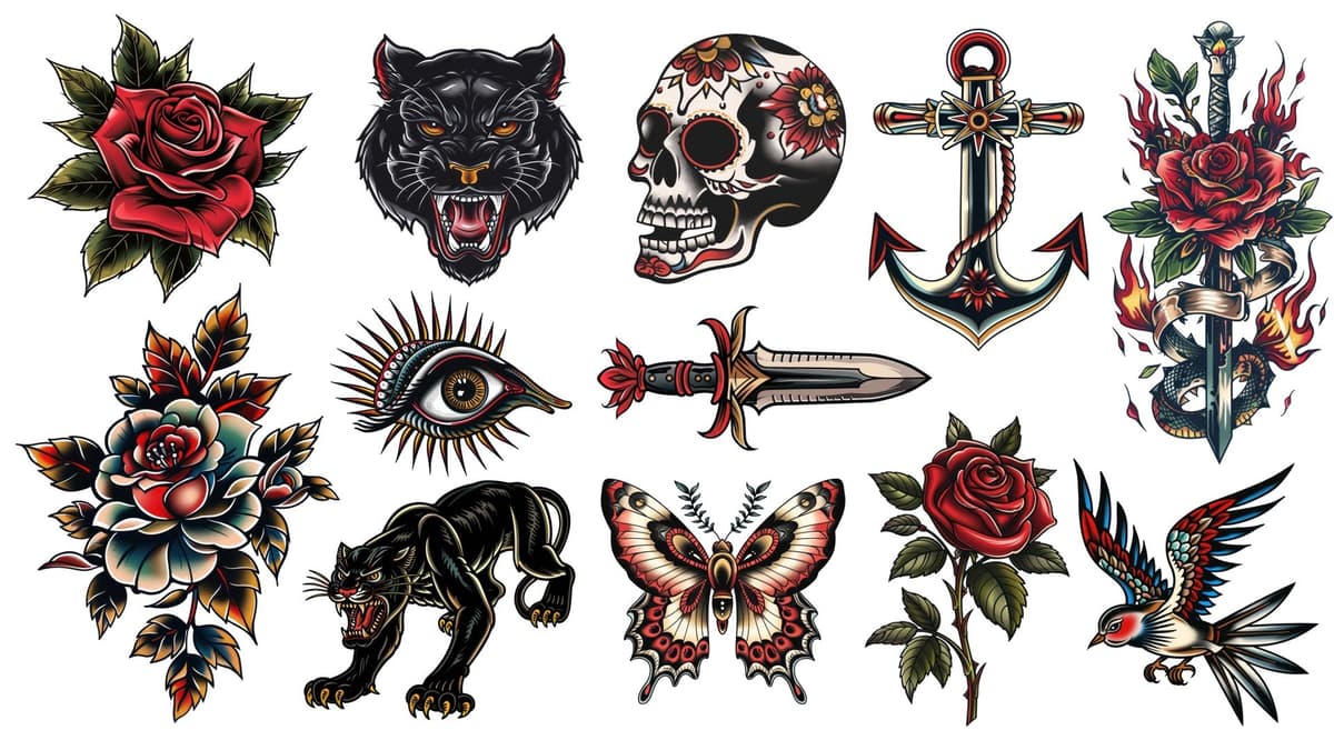 Traditional American flash sheet with rose, panther and dagger at Apollo Studio Los Angeles