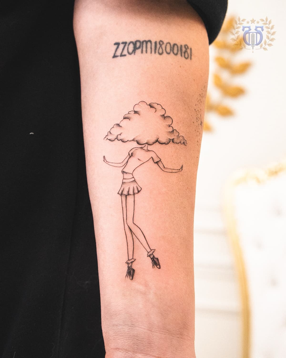 Single needle head in the clouds sketch tattoo