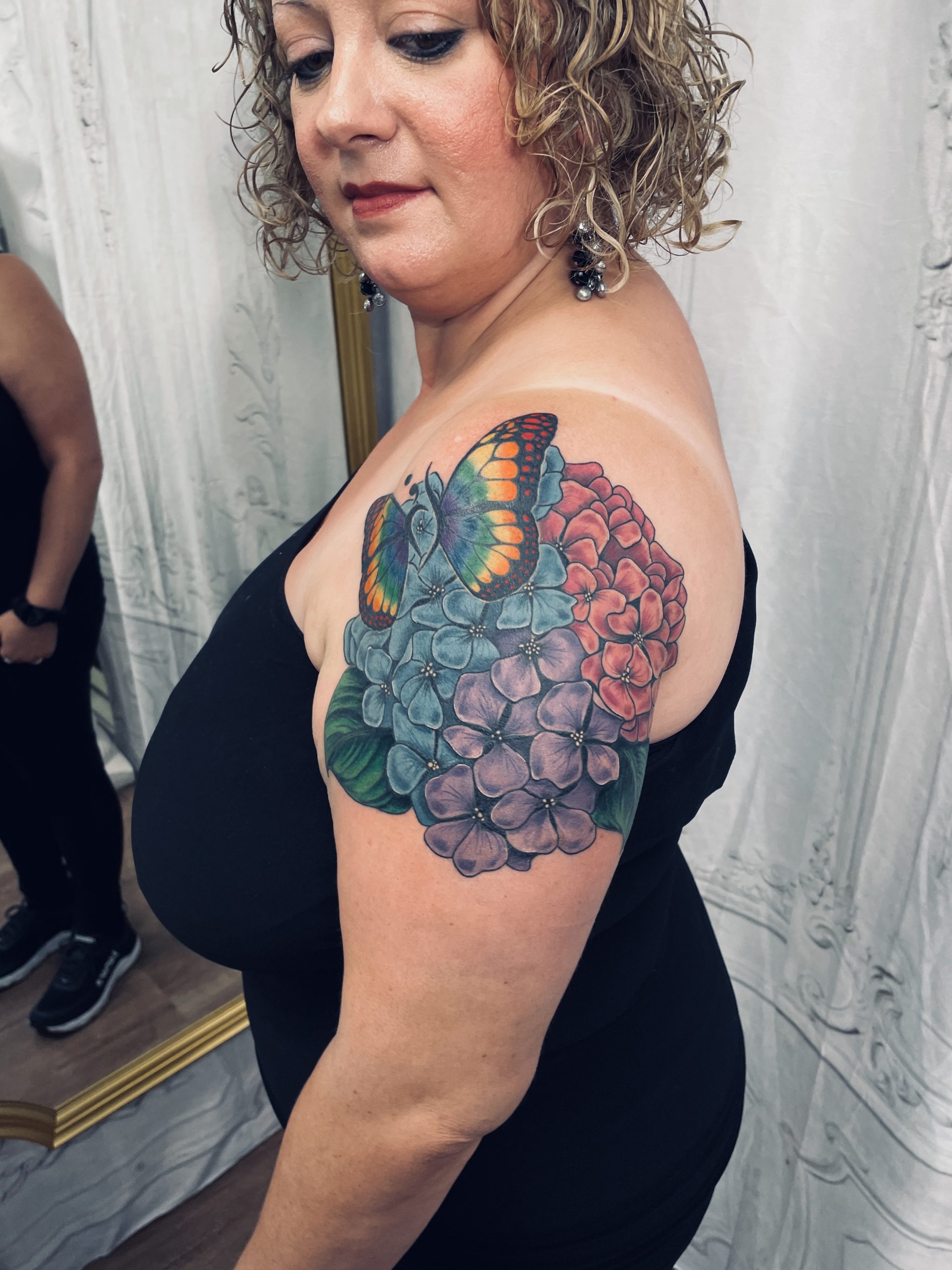 Illustrative Bright Color Hydrangea Tattoo