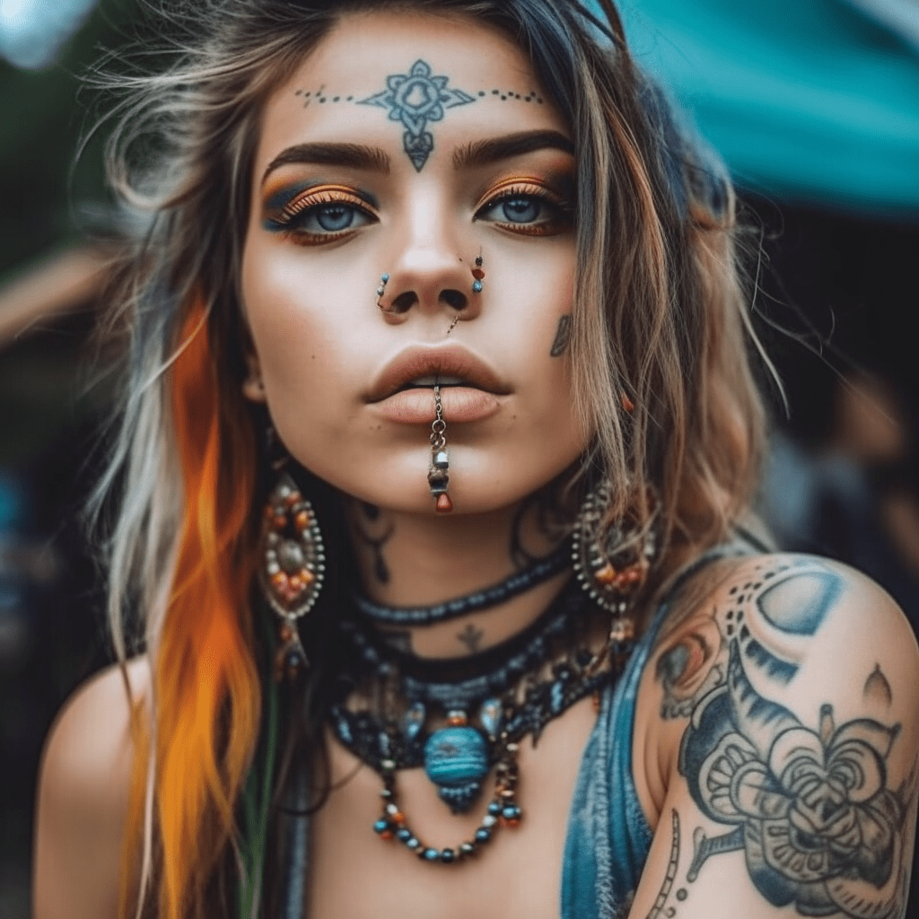 A young woman with intricate facial piercings, including a septum ring, nostril studs, and a chin piercing with a dangling chain.